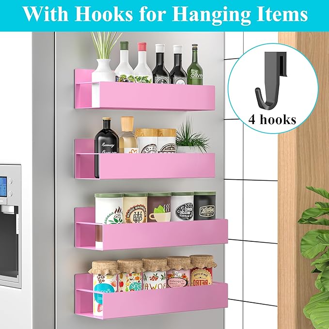 HuggieGems Metal Magnetic Spice Rack for Refrigerator Pink, 4 Pack | Magnetic Shelves Heavy Duty for Fridge in Kitchen, Seasoning Storage Organizer, For Oven Washer and Dryer, For Heavier Items - Image 2