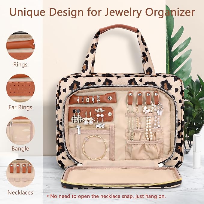 Toiletry Bag for Women, Hanging Travel Toiletry Bag with Jewelry Organizer Compartment Large Makeup Bag, PVC Waterproof Cosmetic Travel Bag Trips Camping Bathroom, Leopard Print - Image 2