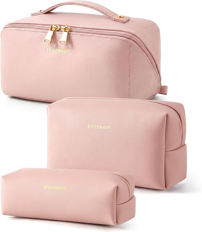 BAGSMART Makeup Bag Travel 3 Pcs Set Cosmetic Bag,Toiletry Bag,Nude Pink | 3 Pcs Set Large Make Up Bag Flat Open for Women, PU Leather Travel Essentials Organizer, Wide-open Pouch for Skincare,Brushes by BAGSMART