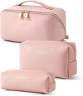 BAGSMART Makeup Bag Travel 3 Pcs Set Cosmetic Bag,Toiletry Bag,Nude Pink | 3 Pcs Set Large Make Up Bag Flat Open for Women, PU Leather Travel Essentials Organizer, Wide-open Pouch for Skincare,Brushes by BAGSMART