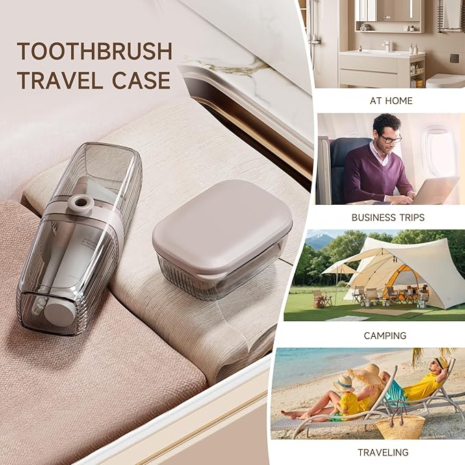 Topavatop Toothbrush Travel Case, 2 in 1 Toothbrush Holder and Rinse Cup, Large Capacity Toothbrush Cup with Cover, Portable Travel Toothbrush Holder for Traveling, Camping, Trip - 1Pcs - Beige&Clear - Image 6