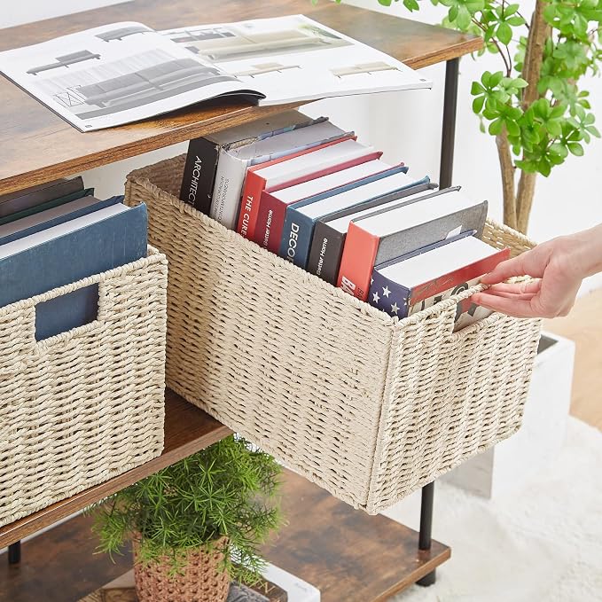 Wicker Storage Basket, Set of 2 Hand-Woven Paper Rope Wicker Basket, Small Storage Baskets for Organizing Toilet Paper Baskets, Foldable Large Cube Storage Organizer Bin for Shelves (Beige) - Image 4