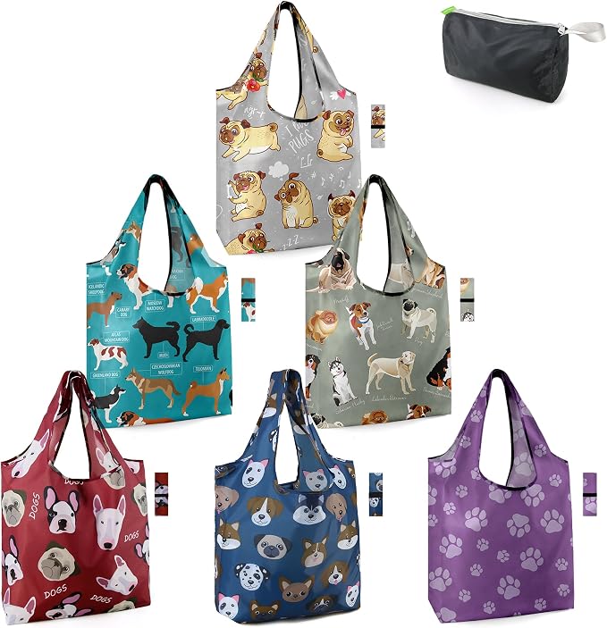 BeeGreen Dog Lover Gifts for Women Animals Reusable Grocery Bags Shopping Bags Bulk 6 Pack 50LBS X-Large Foldable-Machine Washable Shepherd Collie Bulldog Dog Paws Pet Bags by BeeGreen