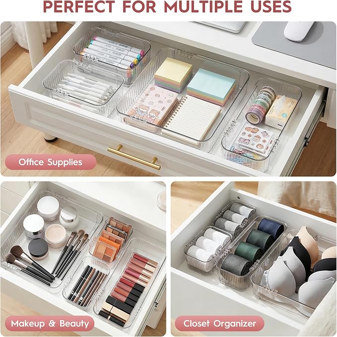 Expandable Drawer Organizer Set, Clear Adjustable Drawer Dividers, 4-Piece Storage Trays for Kitchen, Bathroom, Makeup, Office, Durable PET Material - Image 4