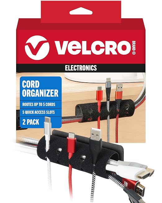 VELCRO Brand Cord Organizer for Desk & Nightstand, 5 Cable Slots with Sleeve Routing, Adhesive Wire Holder for Cord Management, Home, Workshop, Gaming & Office Essentials, Black 2 Pack by VELCROBrand