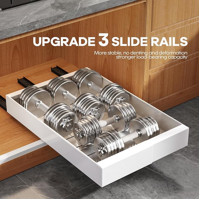 Seinloes 4 Pack Expandable Pull Out Cabinet Organizer 21" Deep with Raising Pad for Framed Cabinets,Upgrade 3 Slide Rails Slide Out Drawers,Roll Out Shelves Adhesive,Adjustable Width 9"-14.1" White - Image 5