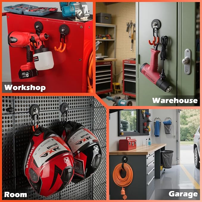 ULIBERMAGNET New Upgraded Garage Strong Magnetic Hooks, 4 Pack Heavy Duty Large J Hooks with Magnet, Anti-Slip Coating Magnet Hooks for Garden Tools, Ropes,Drill - Image 8