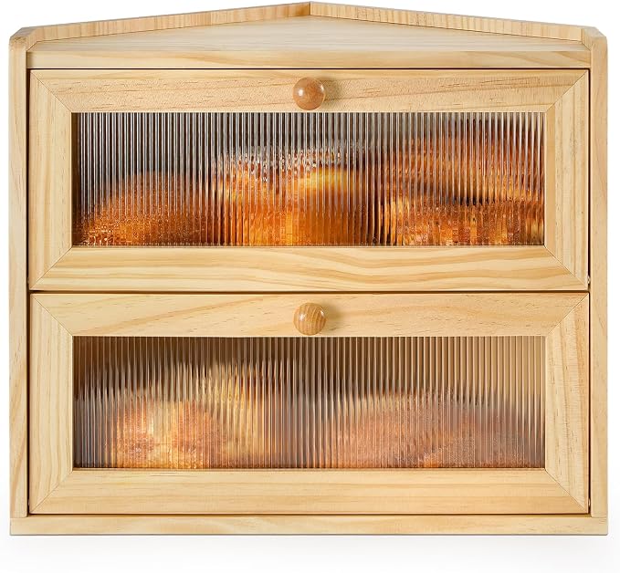 Sunhoo Bread Box for Kitchen Countertop Corner Large Wooden Bread Bin 2 Tier Rustic Food Storage Container with Acrylic Window Farmhouse Keeper Shelf Organizer for Loaves Pastries & Snacks (Yellow) by Sunhoo