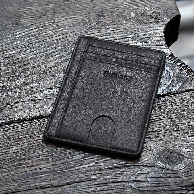 Buffway Slim Minimalist Front Pocket RFID Blocking Leather Wallets for Men and Women - Sand Black - Image 4