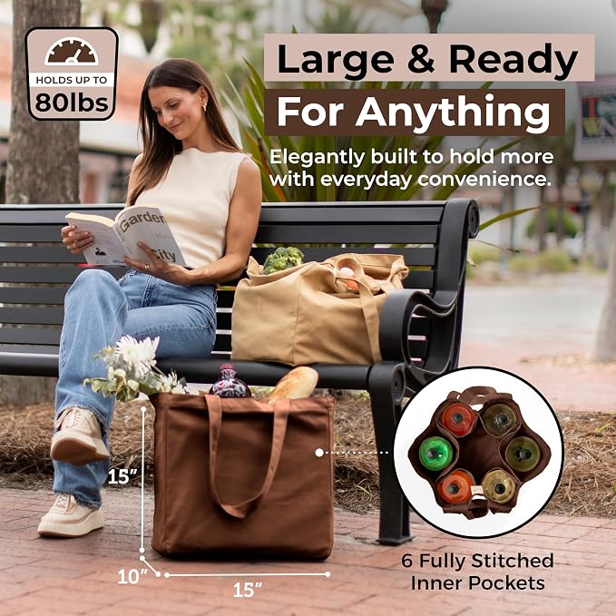 VeraMia Canvas Grocery Bag 3pc XL Set with Real Pockets, Long Shoulder Strap and Short Handle. Heavy Duty, Foldable, Washable - Image 2