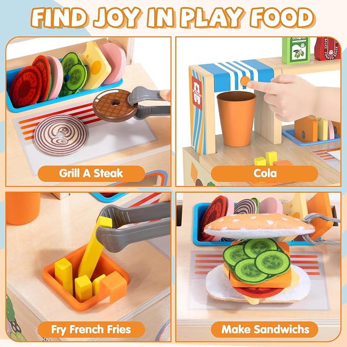 WOODMAM Foldable Wooden Kids Play Food Toys Sandwich Counter with Storage | 56 Pcs Pretend Play Kitchen Food Toy, Burger, Ice Cream, Fries, Play Money, Boys Girls Birthday Gifts for Toddlers Ages 3+ - Image 6