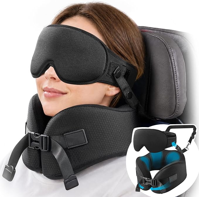 YFONG Travel Pillow with 3D Sleep Mask for Long Flights Airplane, Black | Patented 360° Ergonomic Sleeper Hold Head Support System, Memory Foam Neck Pillow, Prevents Head Bobbing, Adjustable Strap by YFONG