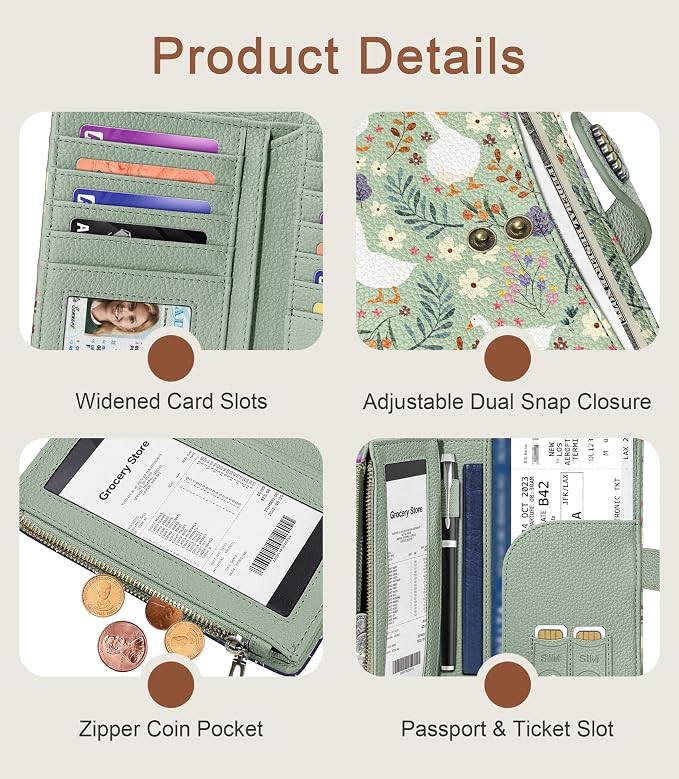 Goose Wallet Women RFID Bifold, Passport Holder Credit Card Holder | 6.7" x 4.4" x 1.3" Travel billfold, Zipper Coin Pocket, PU Leather Clutch, Purse, ID Window, Pen Holder, Gift for Ladies Girl - Image 6