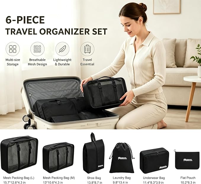 6 Set Packing Cubes, Luggage Packing Organizers for Travel Accessories, Carry on Suitcase Organizer Bags, Travel Essentials Luggage Accessories for Cruise Ship (Black) - Image 4
