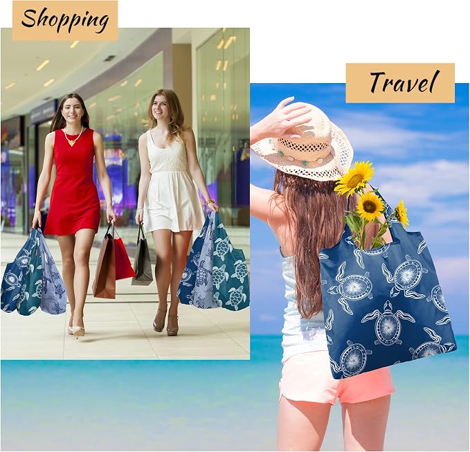 BeeGreen Sea Turtle Reusable Grocery Bags Large Tote Bag With Handles, Bulk Gift Foldable Shopping Bags for Women 6 Pack, Cute Cloth Bag, Heavy Duty, Washable For Beach, Holiday, Travel And Groceries​ - Image 7