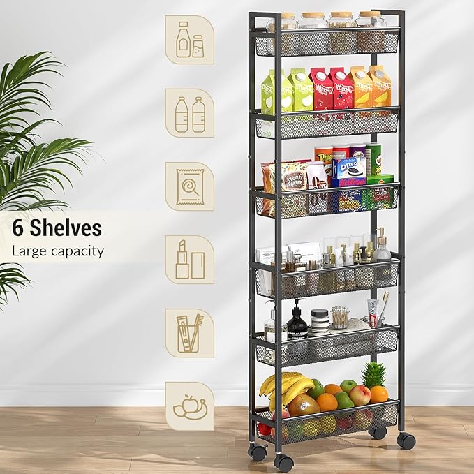 ThreeHio 6 Tier Slim Storage Cart, Narrow Cart with Wheels, Metal Mobile Shelving Unit Organizer for Kitchen, Bathroom, Laundry Room, Living Room & Narrow Spaces, Black, 6in(W) - Image 5