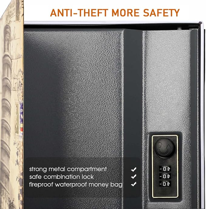 Diversion Book Safe with 4200°F Fireproof Money Bag and Combination Lock, 10.5" x 7.9" x 2.5" Fake Book Hidden Storage Safe, Hollow Secret Portable Metal Storage Box for Cash, Valuables- Leaning Tower - Image 3
