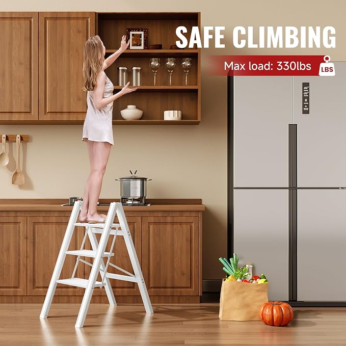 3 Step Ladder, Folding Step Stool with Anti-Slip Wide Pedal | Lightweight, Aluminum Material, 330LBS Load, Portable, Easy Storage, Space Saving, for Kitchen, Bedroom Use, White - Image 2