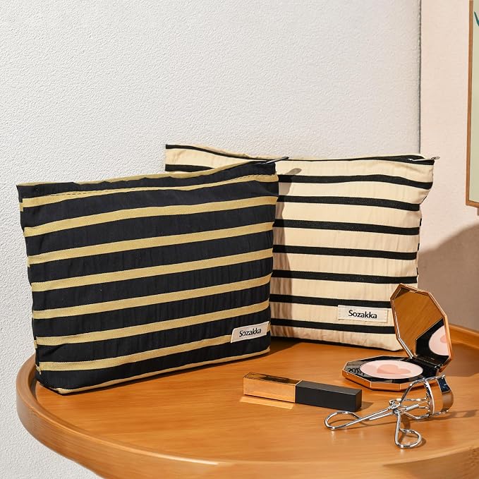 SOIDRAM 2 Pieces Makeup Bag Large Stripe Cosmetic Bag Capacity Canvas Travel Toiletry Bag Organizer Cute Makeup Brushes Aesthetic Accessories Storage Bag for Women, Stripe L Black White - Image 5