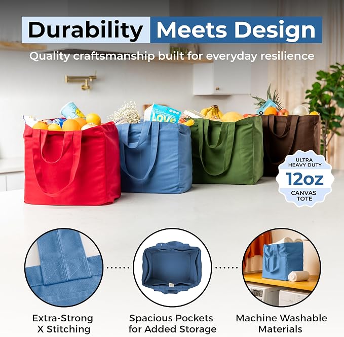 VeraMia Canvas Grocery Bag 3pc XL Set with Real Pockets, Long Shoulder Strap and Short Handle. Heavy Duty, Foldable, Washable - Image 4