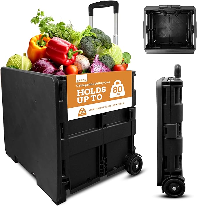 Inspired Living Collapsible Ultra-Slim Pack-N-Roll,2 Wheel Utility Cart w/Lid used as Seat up to 250 Lbs, Telescopic Handle - Super Strong, for Home, Garden, Shopping, Office, School use, Large, Black by Inspired+Living