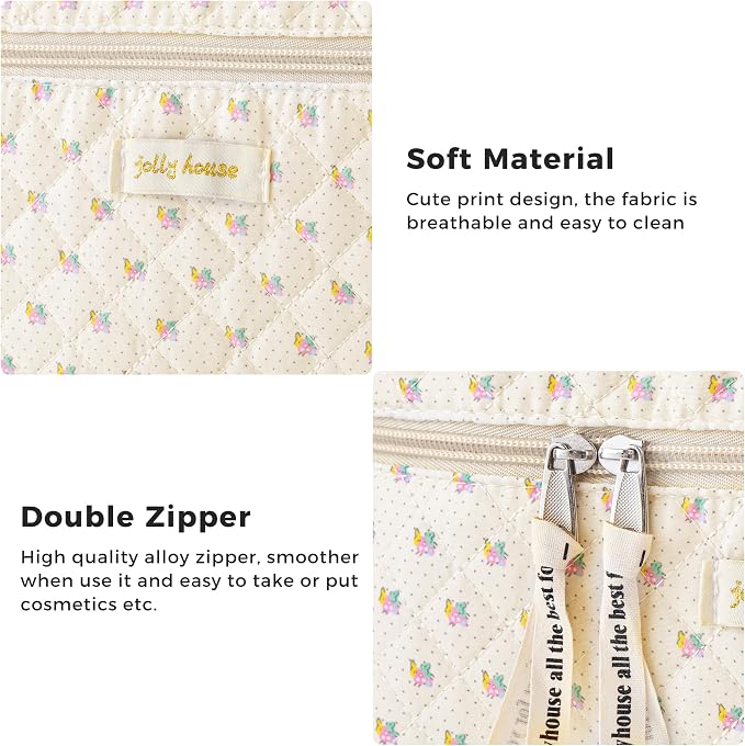 HBselect Quilted Makeup Bag, 3Pcs Cotton Large Travel Makeup Bags Organizer | Cute Floral Make up Bag Cosmetic Bag Toiletry Bag for Women Girls, Makeup Pouch for Skincare, Brushes & Travel Essentials - Image 5
