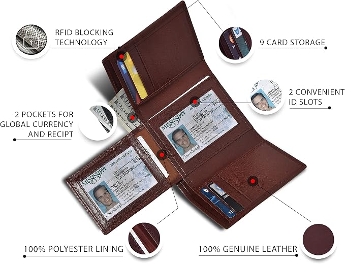 Real Leather Mens Trifold Wallet RFID Blocking Slim Minimalist Front Pocket - Thin & Stylish with ID Window in Gift Box - Image 2