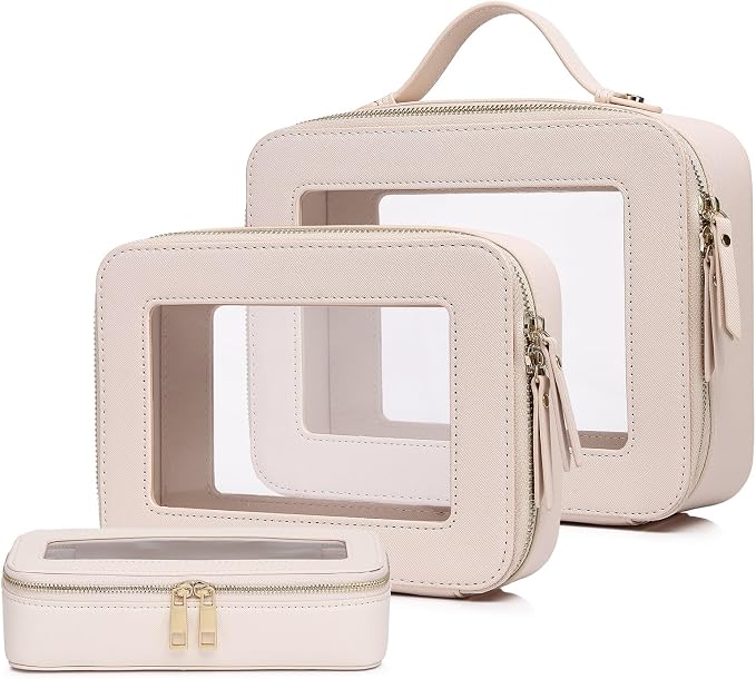 Pinkmik Clear Makeup Bag, (Beige, L+M+SLIM) | 3pcs, With Brush Bag, Waterproof Travel Case, For Cosmetics and Toiletries, With Zipper by Pinkmik