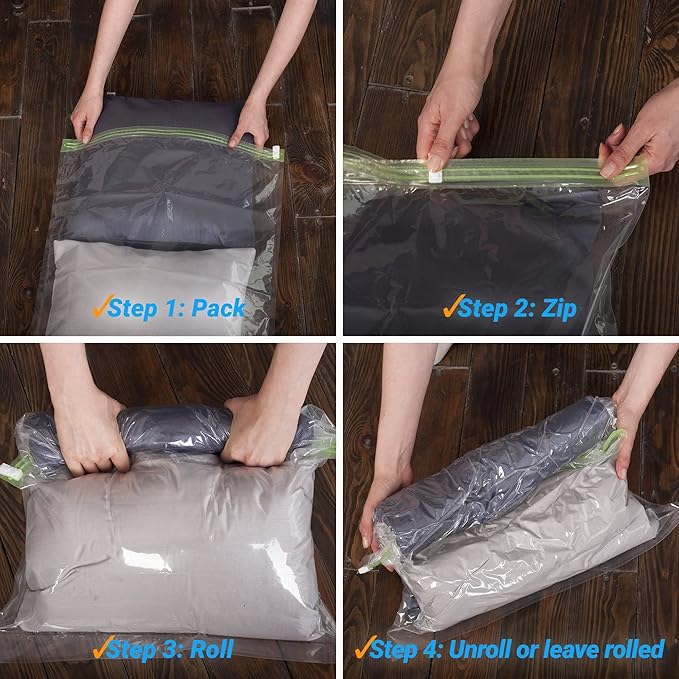 8 Travel Space Saver Bags - No Vacuum or Pump - for Clothes - Reusable - Luggage Compression - Set of 4 L and 4 M Sacks - Transparent - Image 5