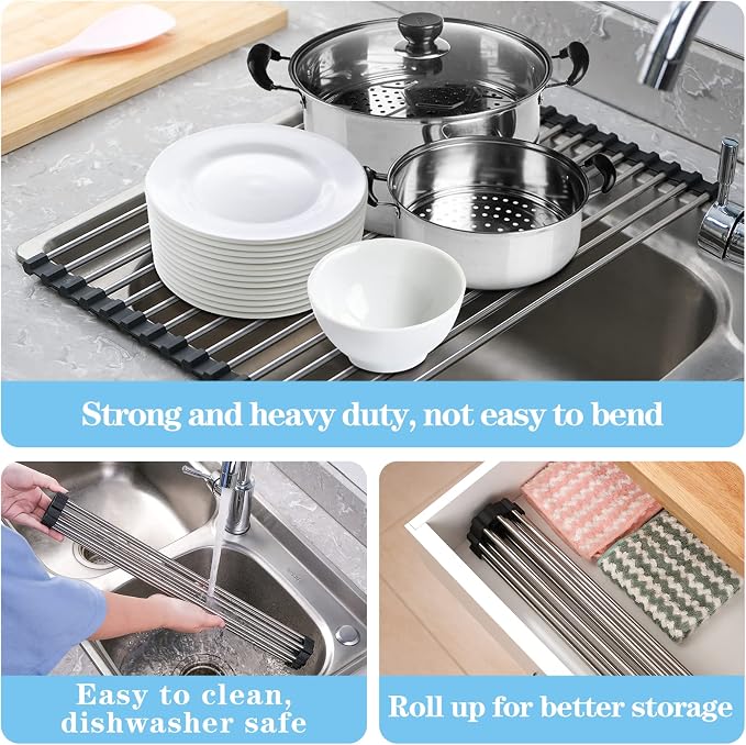 Seropy Roll Up Dish Drying Rack Over the Sink Drying Rack for Kitchen Counter, Rolling Dish Rack Over Sink Mat, Foldable Dish Drainer Stainless Steel Rack Kitchen Organization Gadgets 17.5"x11.8" - Image 7