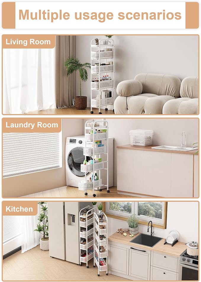 UMDONX 5-Tier Narrow Mobile Storage Cart with Pull-Out Baskets | The Multifunctional Pull-out Storage Rack Is Suitable for Bathrooms, Kitchens, and Laundry Rooms - Image 8