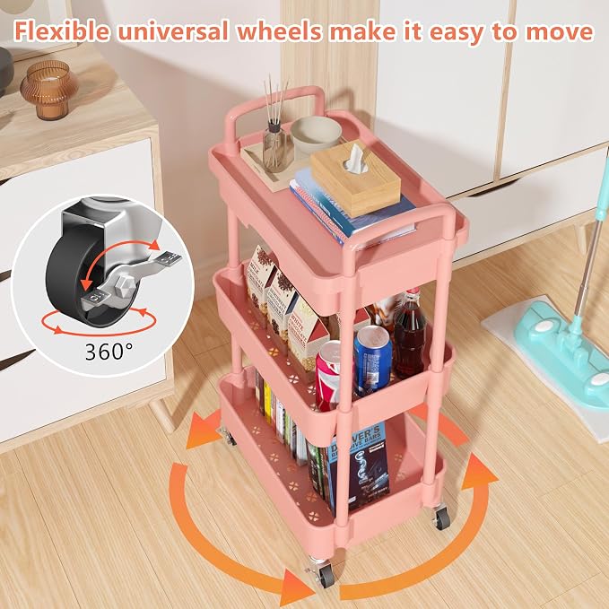 Calmootey 3-Tier Utility Cart with Drawer & Wheels, Storage for Home,Office | Space-Saving Organizer, Sturdy Plastic Shelves, Smooth-Rolling Metal Wheels, Built-in Drawer for Small Items, Pink - Image 8