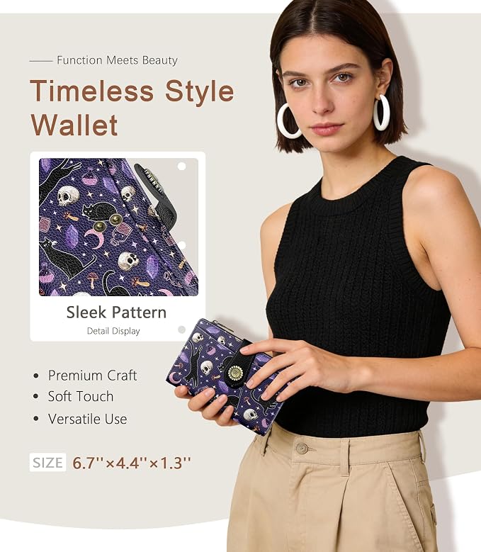 Goth Black Cat Wallet Women RFID Skull Passport Credit Card Holder | 6.7" x 4.4" x 1.3" Bifold, Travel billfold, Zipper Pocket, PU Leather, Clutch, Purse, ID Window, Pen Holder, Gift Ladies Girl - Image 2