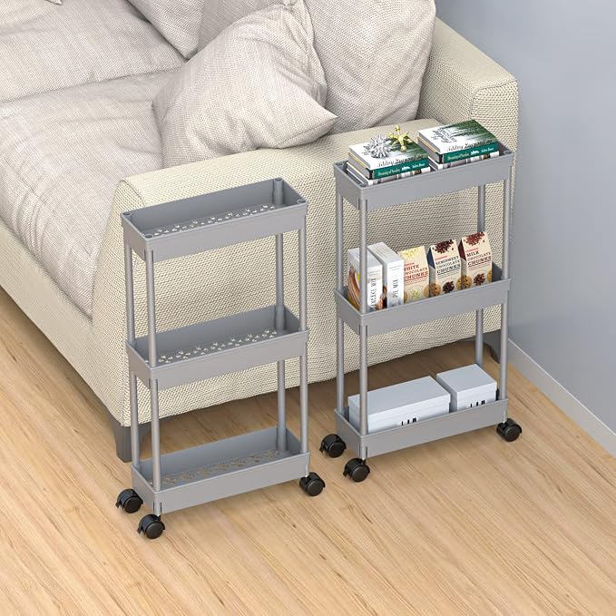 Sooyee Slim Storage Cart,3 Tier Bathroom Rolling Utility Cart Storage Organizer Slide Out Cart, Mobile Shelving Unit Organizer Trolley for Office Bathroom Kitchen Laundry Room Narrow Places, Grey - Image 6