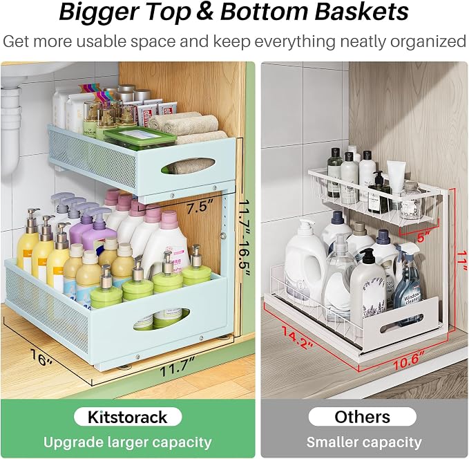 Under Sink Organizer, 2-Pack Pull Out Cabinet Organizer 2 Tier Metal Slide Out Storage Shelf Rack, L-Shaped Adjustable Height,Mesh Sliding Drawer for Kitchen, Bathroom, Laundry, Pantry, Blue, XL - Image 3