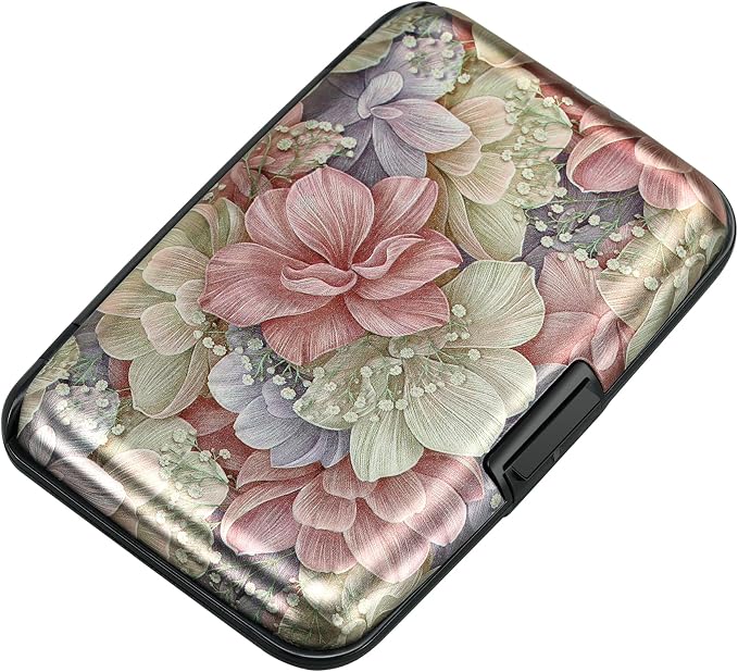 Mini RFID Aluminum Wallet Credit Cards Holder Business Card Case Metal ID Case for Men Women（Happy Flower by ELFISH