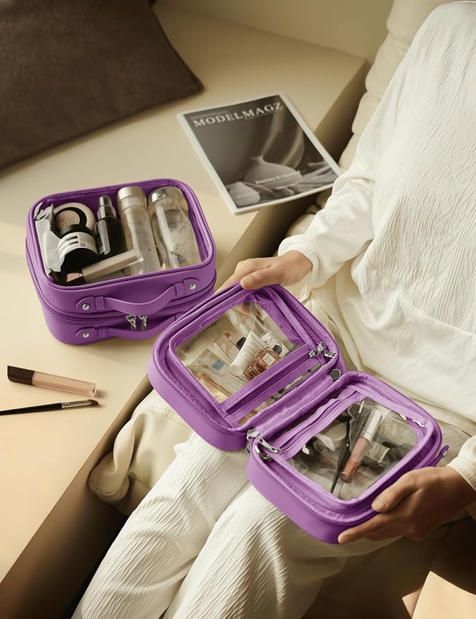 Clear Cosmetic Bag Double Layer Travel Toiletry Bag Clear Makeup Bag Case with 4 Compartments, Transparent Travel Bag for Toiletries, Large Toiletry Bag for Women Cosmetic Case (Purple, Small) - Image 7