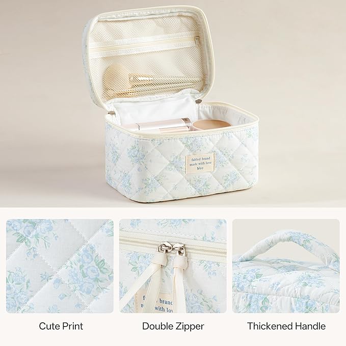 HBselect Quilted Makeup Bag, 3Pcs Cotton Large Travel Makeup Bags Organizer | Cute Floral Make up Bag Cosmetic Bag Toiletry Bag for Women Girls, Makeup Pouch for Skincare, Brushes & Travel Essentials - Image 3