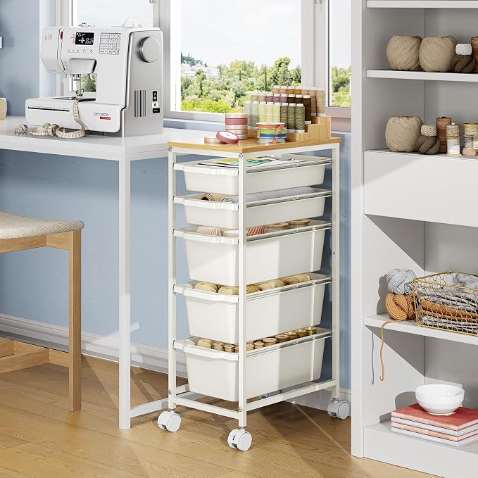 KINGBOARD Slim Rolling Cart with 5 Drawers, Metal Utility Storage Cart | Wooden Tabletop, Lockable Wheels, Table Side Trolley for Bedroom, Children's Room and Office Organization, White - Image 7