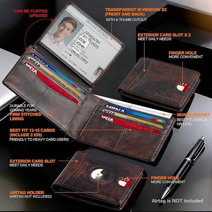 Wallet for Men Slim RFID Blocking Bifold Carbon Fiber,Minimalist Small Compact Front Pocket Credit Card Holder,Thin Mens Leather Wallets Smart Security With 2 ID windows 1 Cash (Retro Black & Brown) - Image 6