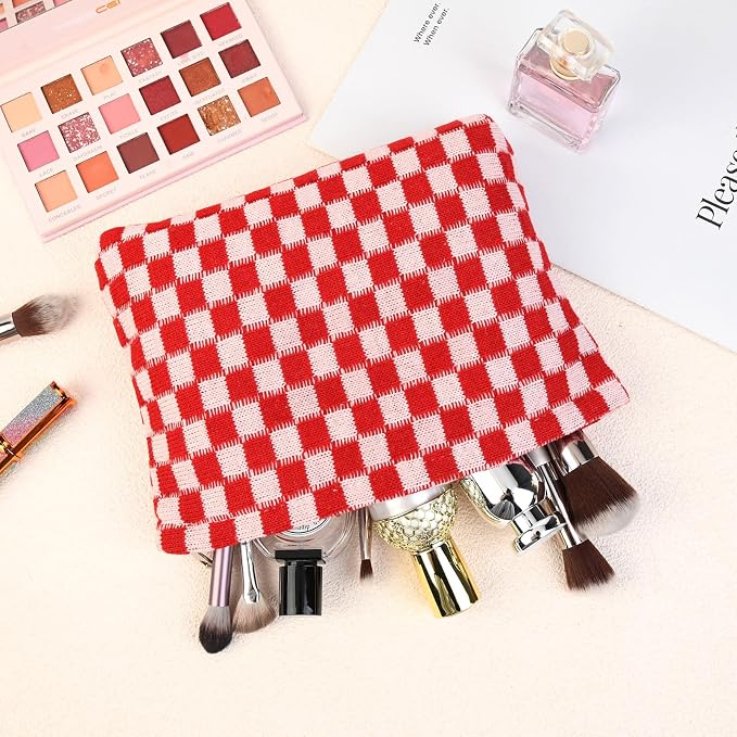 SOIDRAM 2 Pcs Checkered Makeup Bag Large Cosmetic Bag Toiletry Bag Makeup Pouch Travel Bag Organizer Cute Makeup Brushes Aesthetic Accessories Storage Bag for Women Red - Image 7