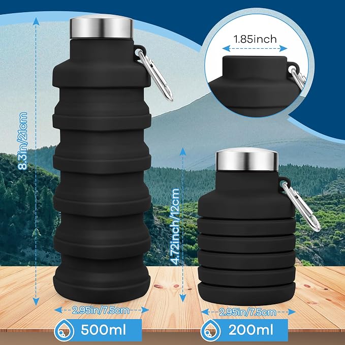 Collapsible Water Bottles 17oz, Portable Leak-Proof Travel Water Bottle, Reusable BPA Free Silicone Foldable Water Bottle with Carabiner for Gym, Traveling, Camping, Hiking, Sports(Black+Blue) - Image 2