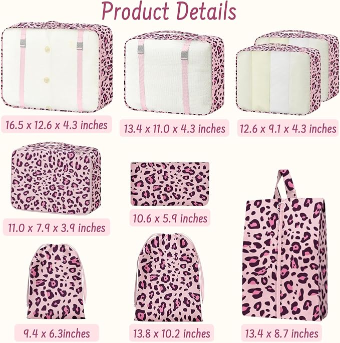 9 Set Packing Cubes for Travel Essentials - Lightweight Carry-On Luggage Organizer Bags with Shoe, Clothes & Laundry Bags for Airplane, Family & Business Travel, Purple leopard print - Image 2