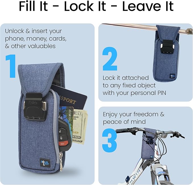 Mini Portable Travel Safe Anti-Theft Lock Box Beach Pool Hotel Gym | Blue mini safe in cut-resistant nylon. Water-resistant with RFID blocking. For phones and valuables at the beach or hotel. - Image 5