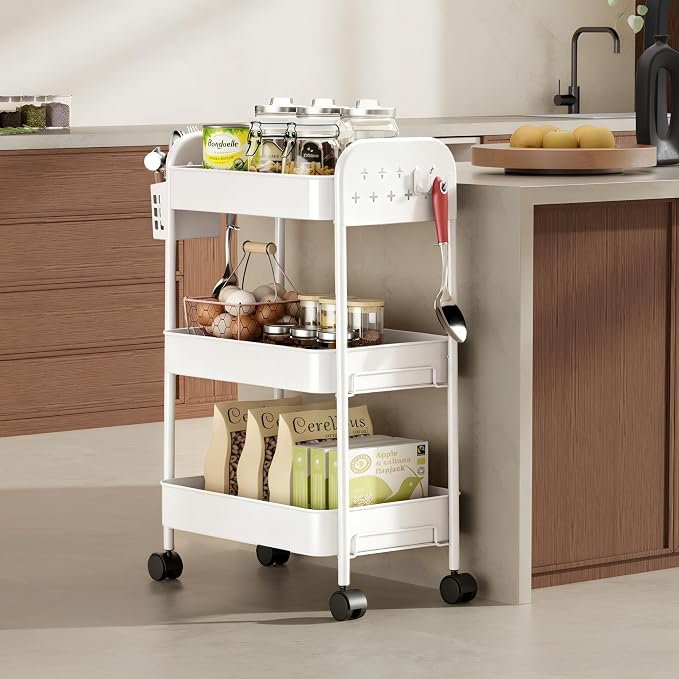 Heavy-Duty Rolling Cart 3 Tier Metal Utility Storage Cart | with Casters, Hooks & Hanging Cups, Rolling Storage Organizer for Kitchen Office Craft Snack Book - Image 3