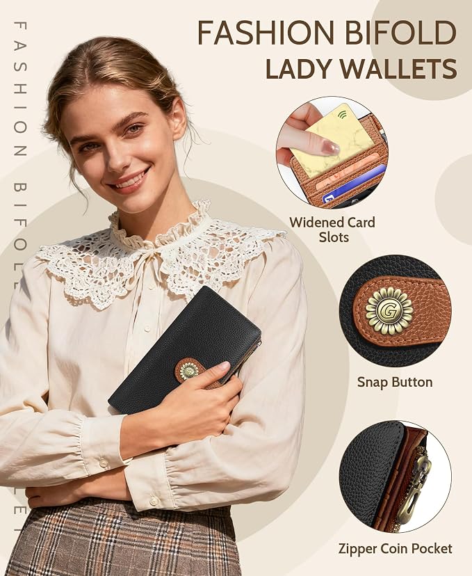 GIANCOMICS Black Caramel Womens Wallet RFID, Long Credit Card Holder Bifold | Billfold, Cute Cash Purse, Travel Zipper Coin Pocket, Compact Clutch, PU Leather, ID Window, 11 Card Slots, Ladies Gift Woman - Image 6