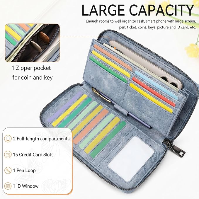 BELTANA Womens Wallet RFID Wallet Women with Passport Holder Butterfly Vegan Leather Multi Card Slots Wallets Large Capacity Wristlet Travel Purse for Women (Blue) - Image 4