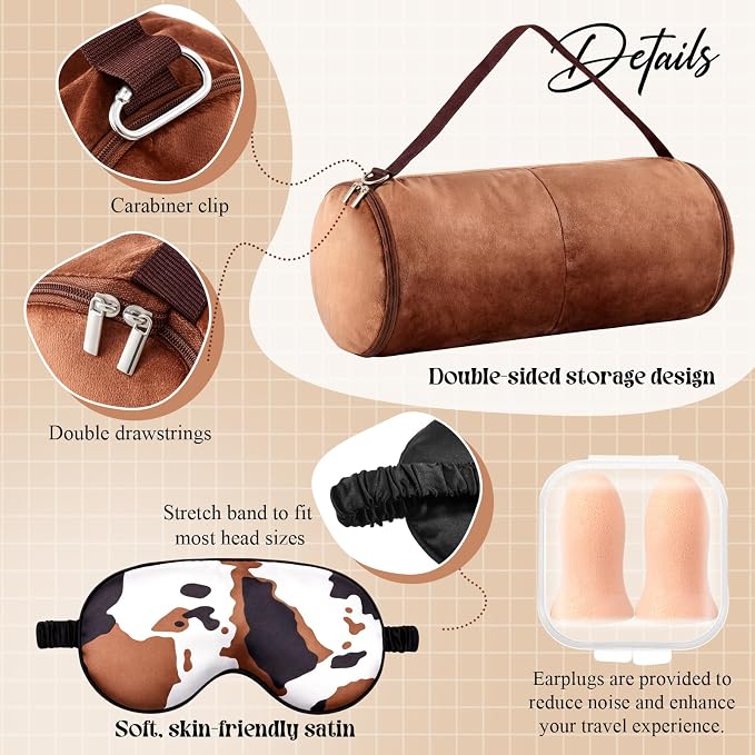 HunnmingRe 5 Pcs Travel Pillow and Blanket Set, 5 in 1 Travel Airplane Compact Includes 40 x 60 Inch Throw Blanket Eye Mask Neck Pillow Earplug and Bag Gifts for Travelers Women(Cow Print,Brown) - Image 5