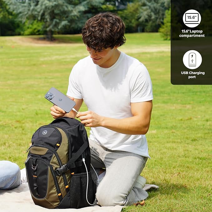 Swissdigital Design Laptop Backpack with USB Charging Port, Travel Backpack Fits 15.6 inches Computer, 31L College School Backpack for Men, Olive/Black | SD803-26 - Image 2