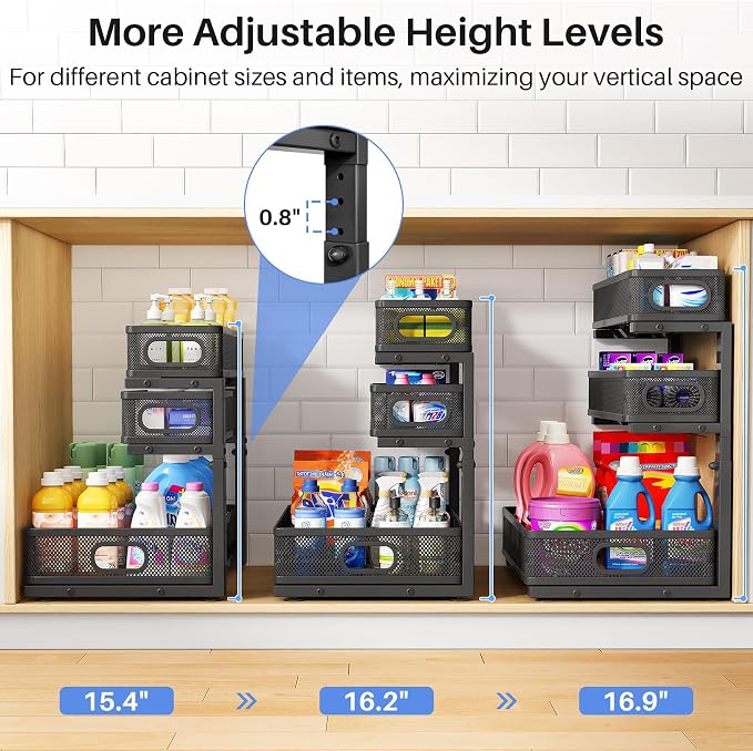Under Sink Organizer, 3-Tier Thickened Metal Pull out Cabinet Organizer Shelf, Height Adjustable Slide out Storage Drawer Rack for Kitchen Bathroom Pantry Laundry Home Organization, 2-Pack, Black | 35% More Storage Capacity, Carbon Steel, Hold Up 55lbs... - Image 8